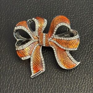 3/$24 Orange Enamelled Ribbon Brooch w Rhinestones